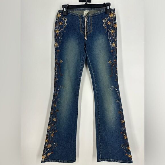 Z CAVARICCI Vintage Y2K Low Rise Embroidered Flare Denim Jeans Sz 3 Runs Big - Picture 6 of 8